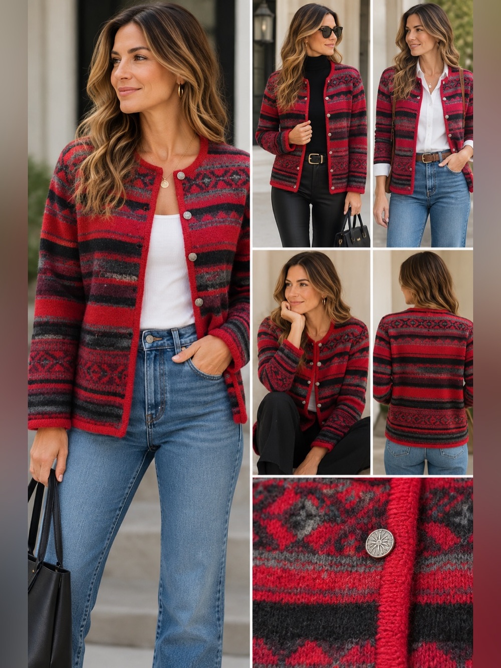 Vintage Karen Scott Women's Red and Black Fair Isle Cardigan